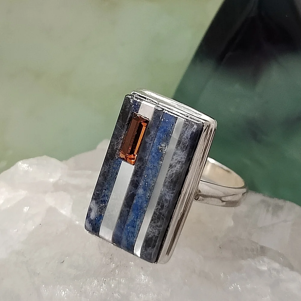 Natural Lapis Lazuli, Pearl & Citrine Ring .925 sz 9 - Picture 11 of 12